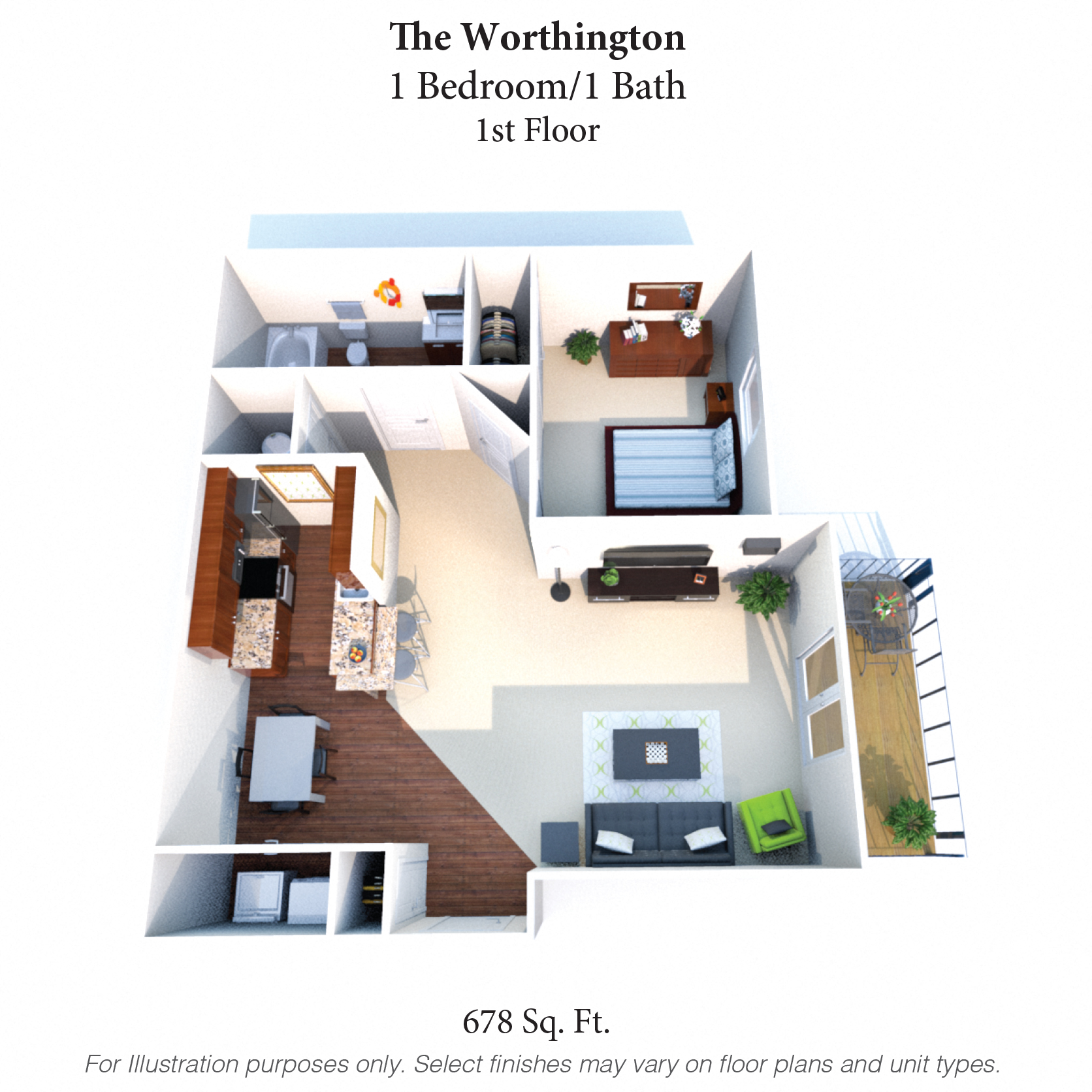Floor plan for 1 bed, 1 bath, 678 sqft